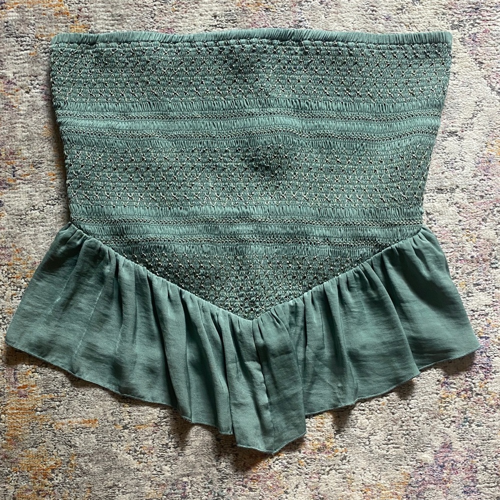 Free People Strapless Smocked Top in Sage Green